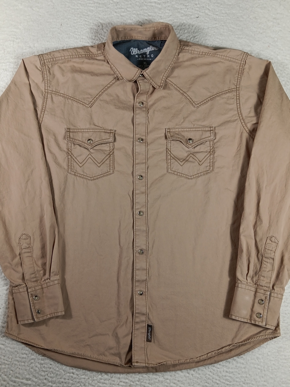 Wrangler Retro Premium Shirt Mens XL Tan Twill Pearl Snap Western Cowboy Rodeo